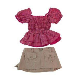 Build-A-Bear Clothes Ruffle Blouse Shirt Tan Skirt Outfit Metalic Rainbow Detail